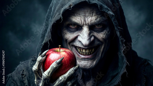 Sinister old witch with wrinkled face holding a red apple in dark hooded cloak