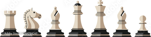 Chess Pieces Vector Set Including Rook, Knight, Bishop, Queen, King, and Pawn for Board Game, Strategy, and Educational Designs