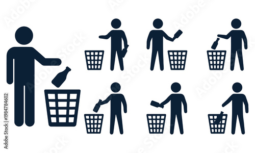 Vector art of silhouette of a person throwing trash into a garbage can isolated on white background