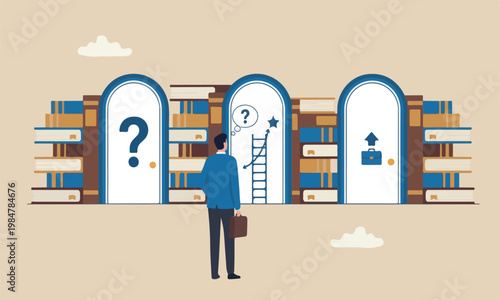 Choosing, books decide for new job or select important chance, right or wrong decision concept, businessman think to choose the right door