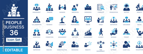 Business People 36 solid icon set. Featuring teamwork, leadership, communication, corporate, strategy, growth, analytics for web, editable, scalable design. Vector icons.