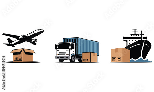 Global shipping and logistics transportation methods icons vector
