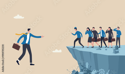 Wrong direction leader, stupid authoritarian boss, stupidity or mistake lead company and employees sabotage or problem concept, stupid boss manager pointing order employees to jump off cliff