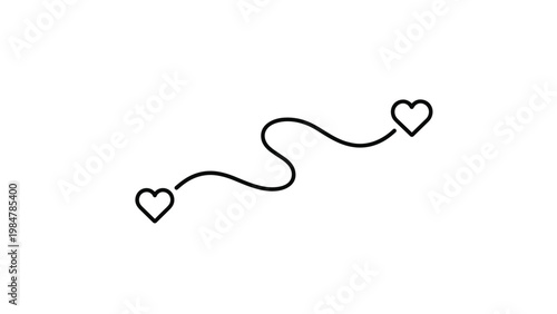 Simple black line art illustration shows two hearts connected by a long winding path symbolizing distance and love connection.