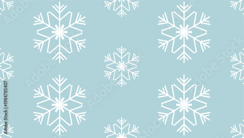 Classical winter seamless pattern displays large white crystalline snowflakes perfectly arranged on a soft light blue background.