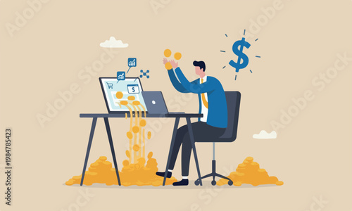 Make online e-commerce product online, affiliate marketing concept, businessman making money coins online website from computer laptop