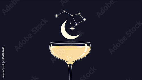 Ethereal illustration depicts a starry constellation and crescent moon floating gracefully above a glass of sparkling champagne.