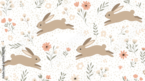Adorable seamless pattern shows brown rabbits hopping and playing among various small flowers and dots on a white background.