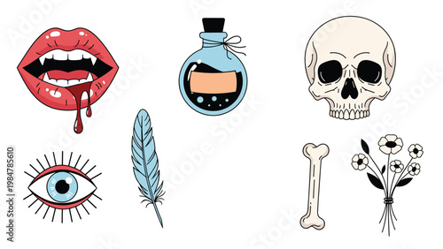 Collection of spooky Halloween themed icons including vampire lips a skull magic potion feather bone and flowers for festive decor.