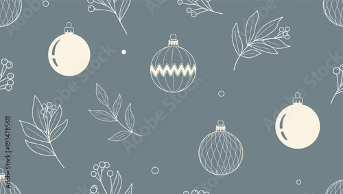 Elegant seamless pattern with white line art Christmas baubles and botanical leaves on a muted blue-grey background for holiday.