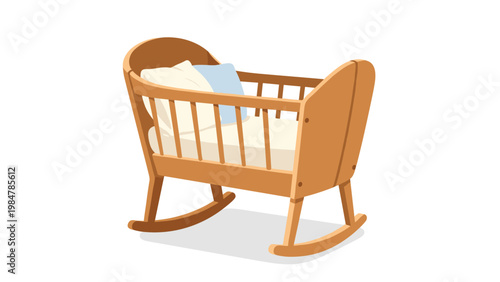 Traditional wooden rocking baby crib with white and blue pillows and a soft mattress isolated on a white background for nursery.