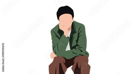 Stylized illustration of a man sitting and resting his chin on his hand in a thoughtful pose on a clean white background for ideas.