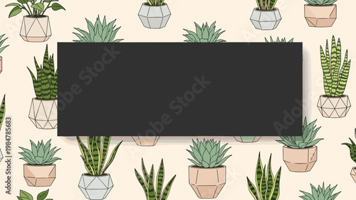 Creative frame design featuring various potted succulent plants and cacti with a blank grey rectangle in the center for messages.