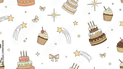 Whimsical celebration pattern with cakes cupcakes stars shooting stars and ribbons on a clean white background for festive designs.