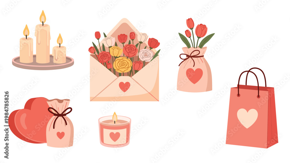 Fototapeta premium Collection of romantic Valentine day elements including letters flowers candles hearts and a gift bag on a clean white background.