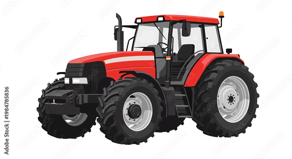 Fototapeta premium red tractor vector illustration with large tires and cabin, flat design