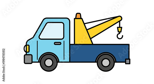 Simple blue tow truck with yellow crane and hook, flat design vector illustration