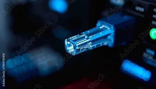 MPO fiber optic connector tip macro. Data center networking.