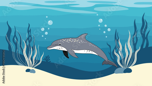 Grey dolphin swimming peacefully in the deep blue ocean surrounded by seaweed and bubbles against the seabed for marine themes.