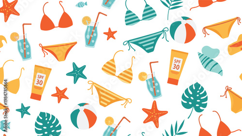 Summer holiday seamless pattern features colorful bikinis, starfish, beach balls, and cocktails on a clean white background.