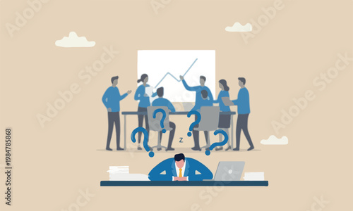 Quiet, exhaustion or burn out from hard work without recognition concept, unhappy businessman sleeping while working at busy workplace