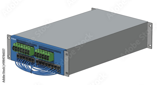 Industrial network switch with green terminal blocks and blue cables vector illustration