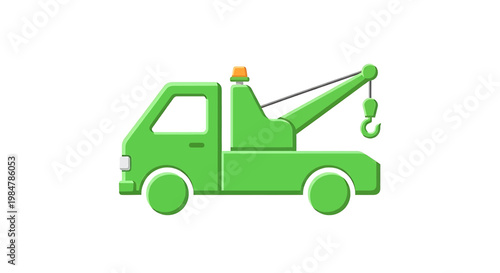 bright green tow truck with crane lifting hook flat design vector illustration
