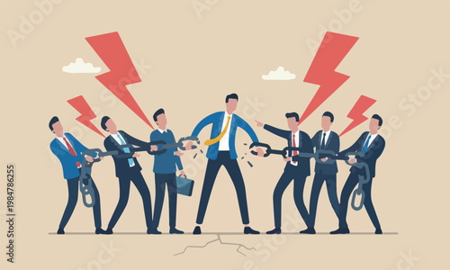 Business, in teams together fatigue businessman trying to hold broken chain together with his low energy