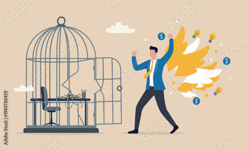 Break free day job to start new business, escape for freedom, resign from toxic workplace or retirement concept, confidence businessman break free from toxic working desk bird cage