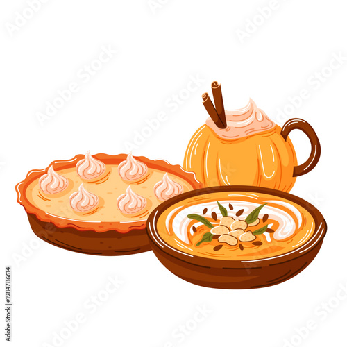 Delicious pumpkin food set with pie, soup, and latte in an autumn design in cartoon. Thanksgiving and fall season harvest. Vector illustration for greeting card.