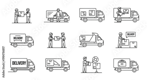 Delivery process icons trucks motorcycles drones and warehouse logistics