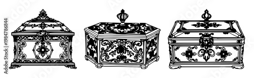 Ornate brass box set with black line art on white background featuring brass, ornamental design, fine detailing with single line illustration and minimalist style