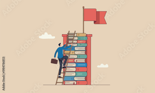 Business future pillars challenge and personal improvement, reading list concept, businessman climb up ladder on books stack for good vision