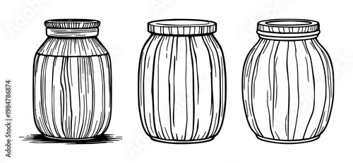 Jar set with aesthetic wooden jars and simple line art design featuring kitchenware, household items, food storage with vintage and retro style