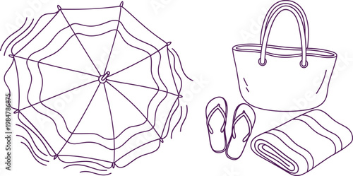 Beach essentials doodle set with umbrella bag flip flops towel summer vacation hand drawn vector illustration collection