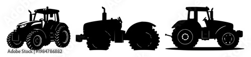 Precision farming tractor set with solid black icon on white background featuring tractor, agriculture, farming with digital and technology
