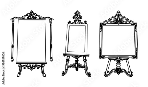 Ornate brass easel set with black line art illustration on white background featuring easel, brass, line art, illustration with art tools and painting equipment