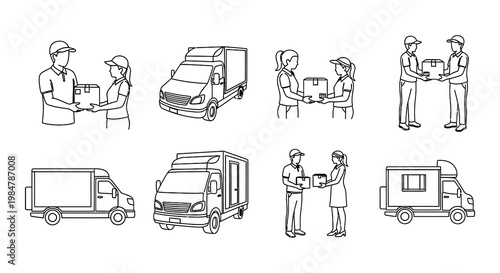 Delivery process icons trucks motorcycles drones and warehouse logistics