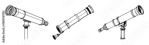 Ornate brass telescope set with detailed black line art design featuring antique, vintage, astronomical with scientific and discovery elements