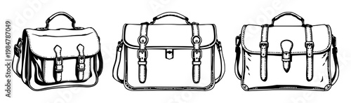 Vintage leather satchel set with black line art design featuring leather, satchel, vintage style, illustration, white background with leather texture