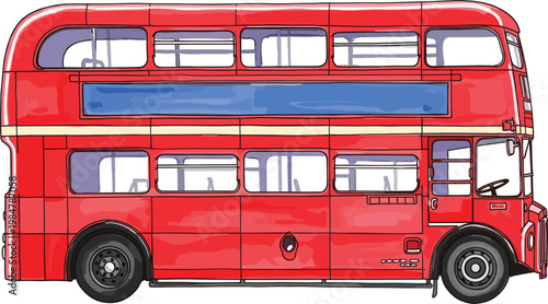 Classic Red London Double Decker Bus Illustration with Vintage Style Details for United Kingdom Tourism, British Cultural Heritage, and Urban Public Transportation Travel Designs