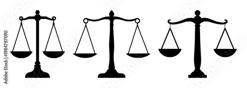 Ethical AI balance scales set with solid black icon and white background featuring symbol, AI, balance with justice and technology