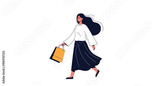 Fashionable woman with long dark hair walks while holding a large orange shopping bag in a clean and modern illustration.