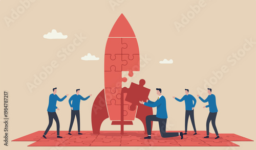 Solve business problem with creativity, finishing or complete brilliant , work solution business concept, smart businessman assemble piece team jigsaw complete red big rocket puzzle