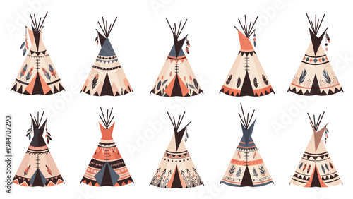 Large set of traditional native american teepee tents with different patterns and decorations is displayed on a white background.