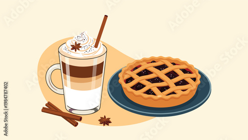 Cozy autumn themed illustration features a layered latte topped with whipped cream next to a delicious looking lattice berry pie.