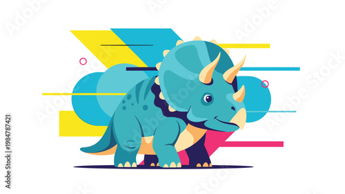 Stylized illustration of a triceratops dinosaur is set against a background of abstract colorful geometric shapes and lines.