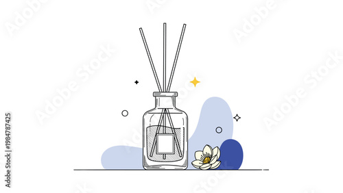 Minimalist illustration depicts a glass reed diffuser bottle with sticks and a delicate flower element in soft blue and yellow.