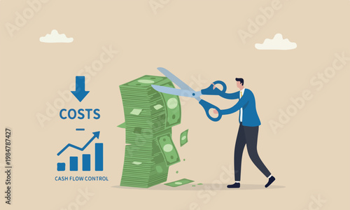 Cut bills reduce, payment deduction, limit spending or control cash flow concept, businessman using big scissors to cut pile of bills and expense