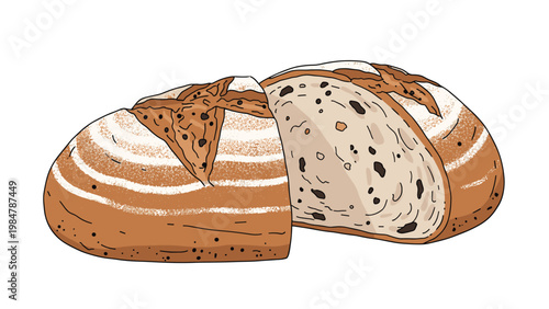 Detailed illustration shows a sliced loaf of fresh sourdough bread with a visible holey crumb and a golden brown floury crust.